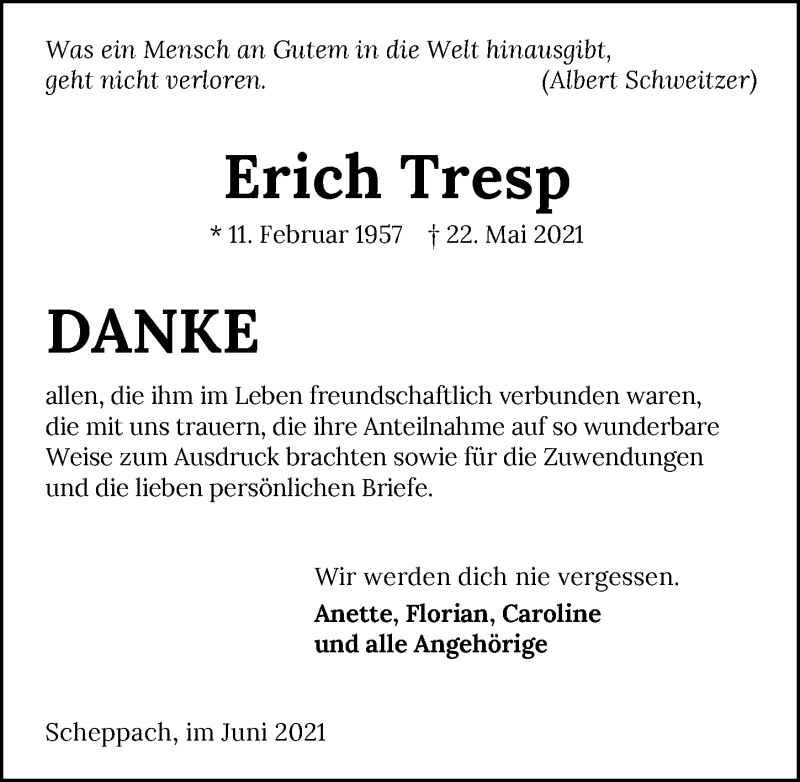  Traueranzeige für Erich Tresp vom 30.06.2021 aus GESAMT