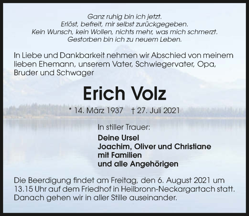  Traueranzeige für Erich Volz vom 31.07.2021 aus GESAMT