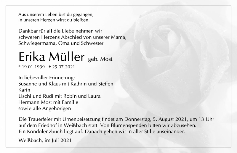  Traueranzeige für Erika Müller vom 30.07.2021 aus GESAMT