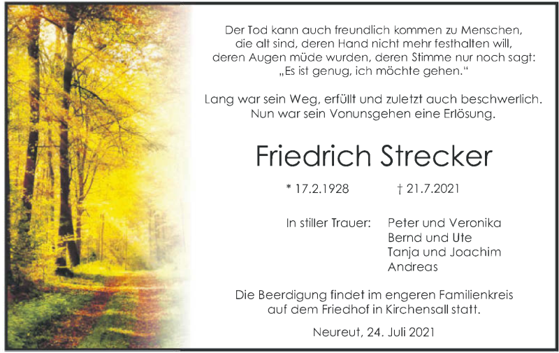  Traueranzeige für Friedrich Strecker vom 24.07.2021 aus GESAMT