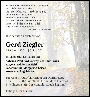 Traueranzeige von Gerd Ziegler von GESAMT