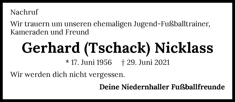  Traueranzeige für Gerhard Nicklass vom 24.07.2021 aus GESAMT