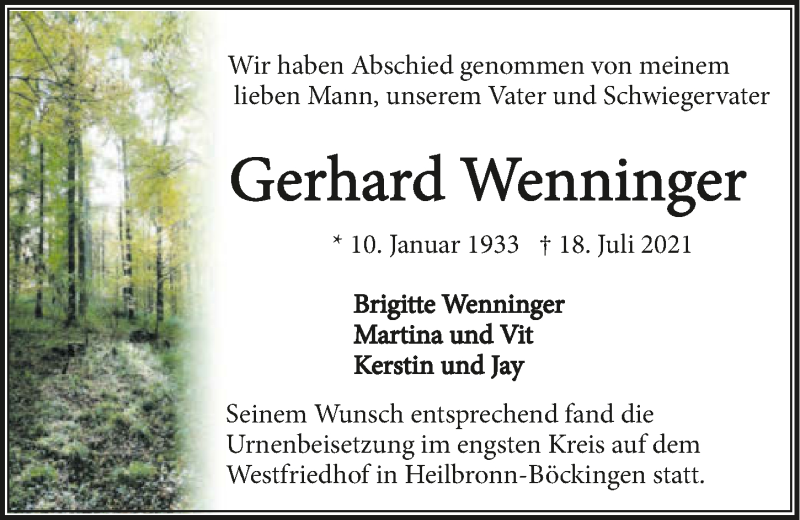  Traueranzeige für Gerhard Wenninger vom 31.07.2021 aus GESAMT