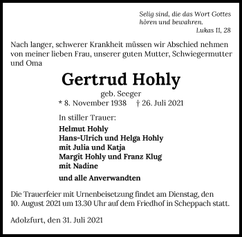 Traueranzeige von Gertrud Hohly von GESAMT