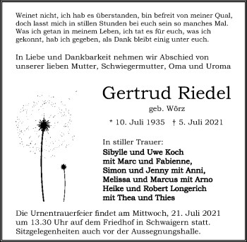 Traueranzeige von Gertrud Riedel von GESAMT