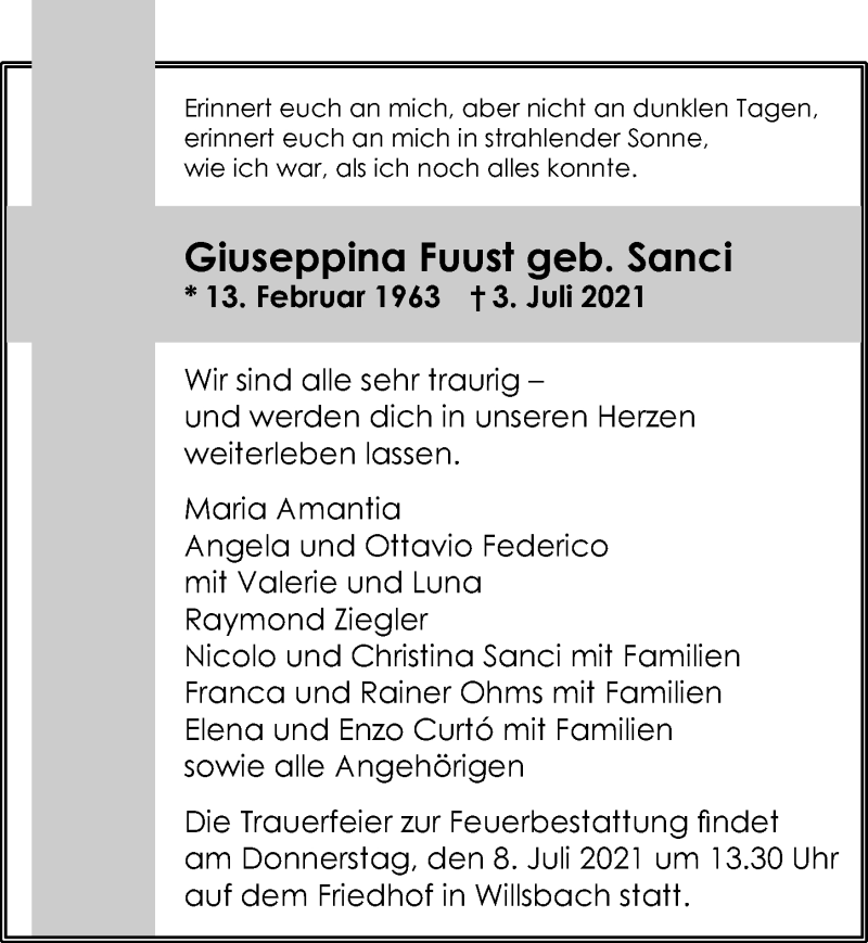  Traueranzeige für Giuseppina Fuust vom 06.07.2021 aus GESAMT