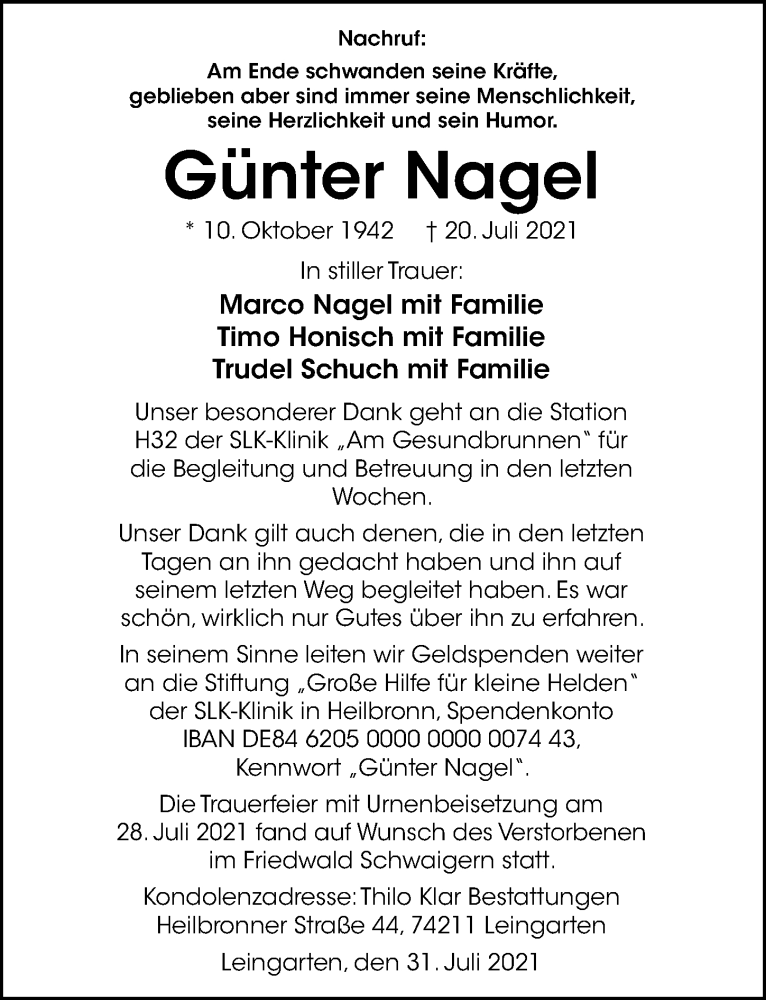  Traueranzeige für Günter Nagel vom 31.07.2021 aus GESAMT