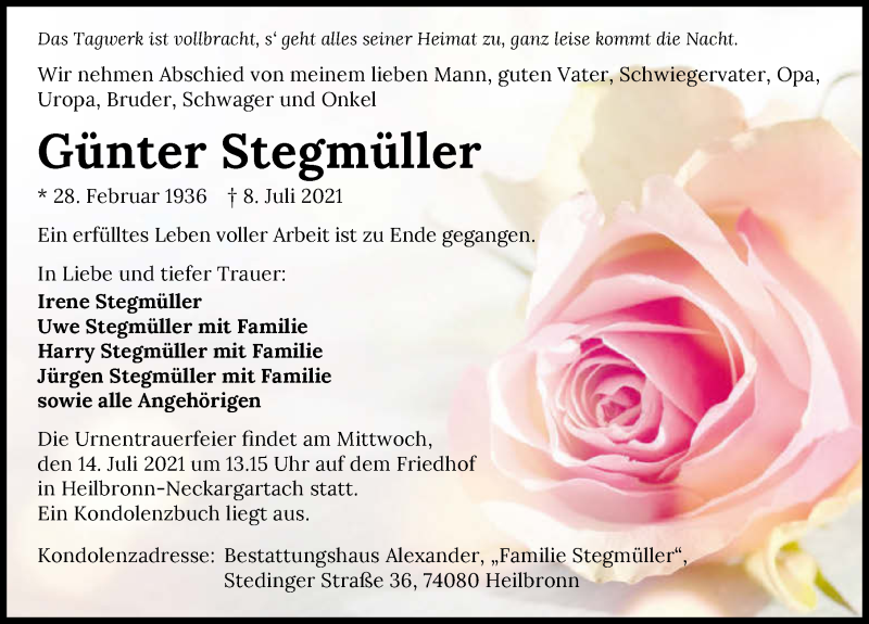  Traueranzeige für Günter Stegmüller vom 10.07.2021 aus GESAMT