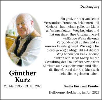 Traueranzeige von Günther Kurz von GESAMT