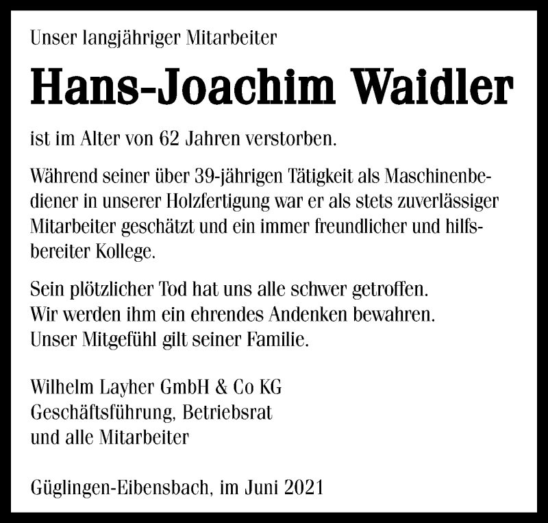  Traueranzeige für Hans-Joachim Waidler vom 30.06.2021 aus GESAMT