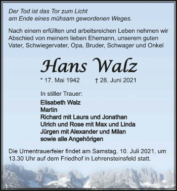 Traueranzeige von Hans Walz von GESAMT