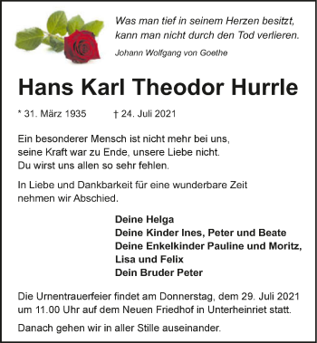Traueranzeige von Hans Karl Theodor Hurrle von GESAMT