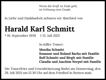 Traueranzeige von Harald Karl Schmitt von GESAMT