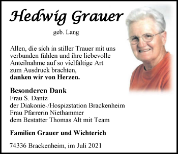 Traueranzeige von Hedwig Grauer von GESAMT