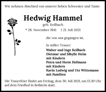 Traueranzeige von Hedwig Hammel von GESAMT