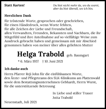 Traueranzeige von Helga Trabold von GESAMT