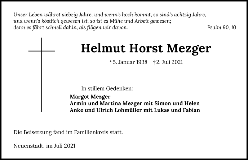  Traueranzeige für Helmut Horst Mezger vom 09.07.2021 aus GESAMT