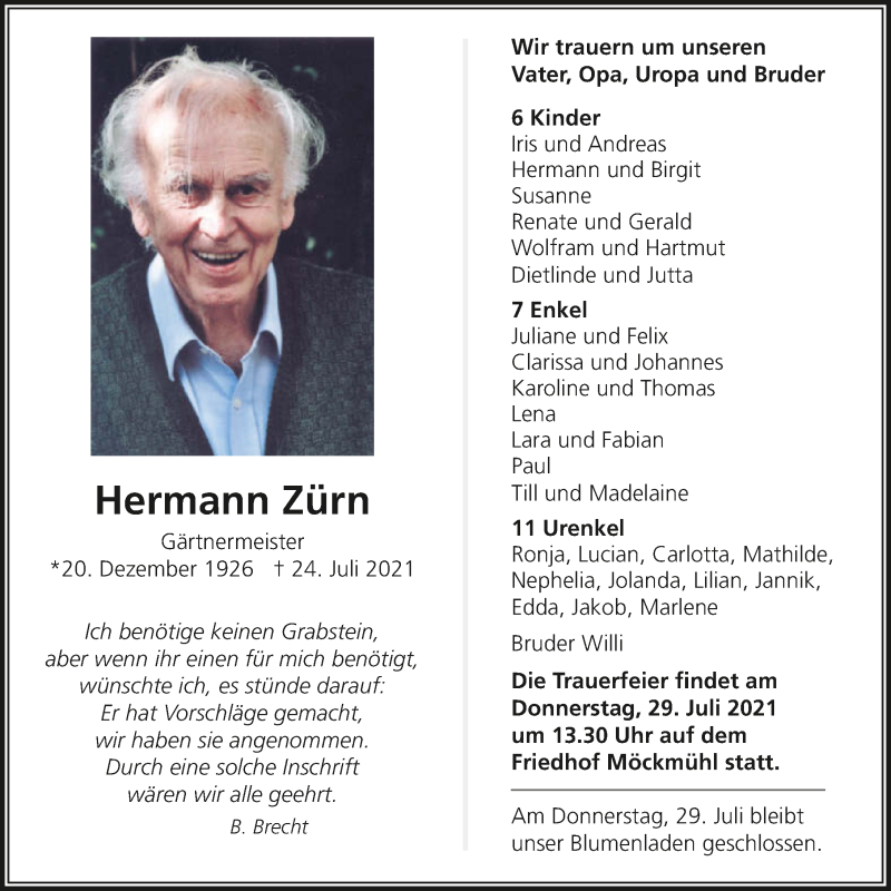  Traueranzeige für Hermann Zürn vom 27.07.2021 aus GESAMT