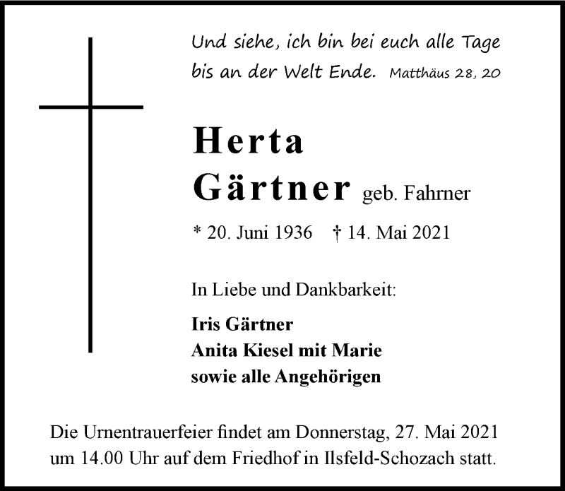  Traueranzeige für Herta Gärtner vom 22.05.2021 aus GESAMT