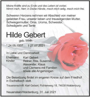 Traueranzeige von Hilde Gebert von GESAMT