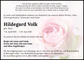 Traueranzeige von Hildegard Volk von GESAMT