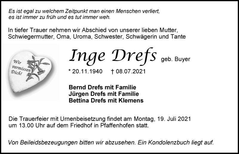  Traueranzeige für Inge Drefs vom 17.07.2021 aus GESAMT