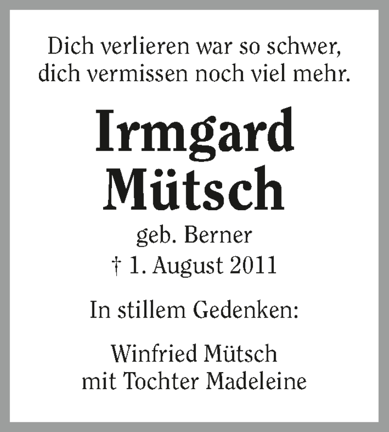  Traueranzeige für Irmgard Mütsch vom 31.07.2021 aus GESAMT