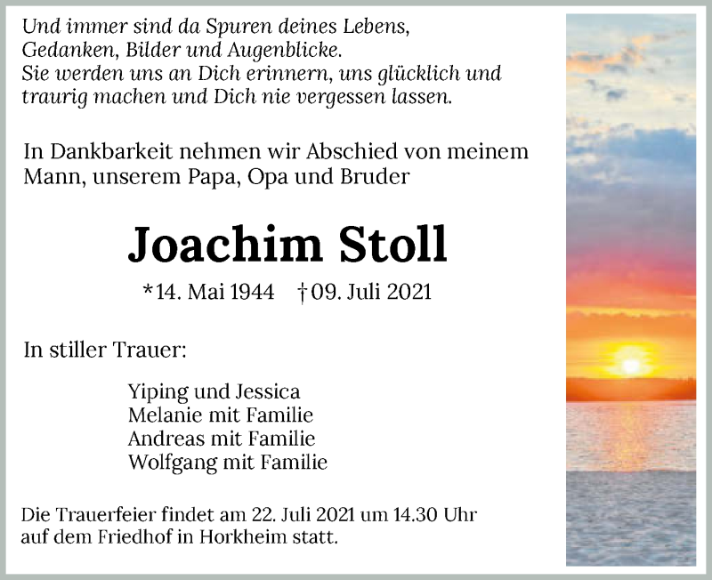  Traueranzeige für Joachim Stoll vom 17.07.2021 aus GESAMT