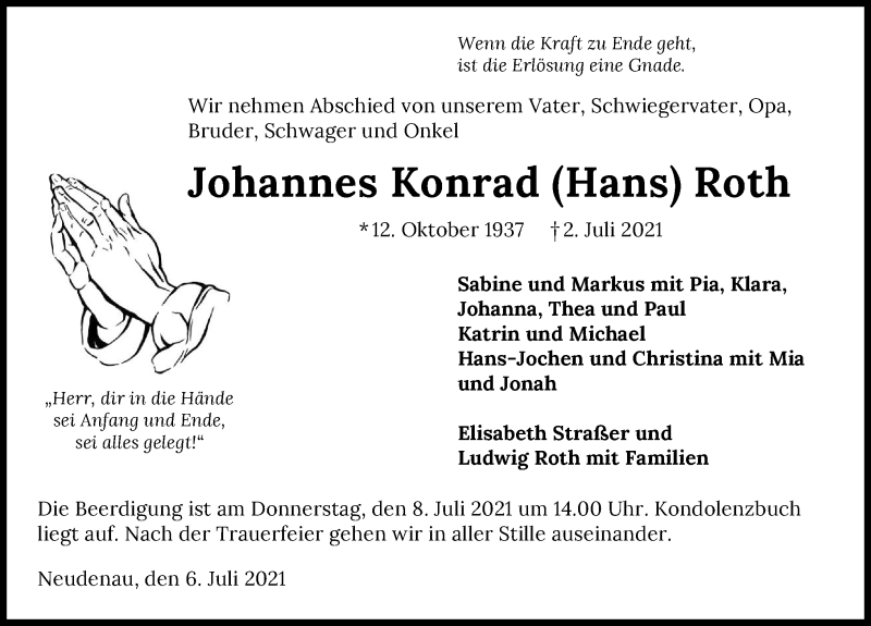  Traueranzeige für Johannes Konrad Roth vom 06.07.2021 aus GESAMT