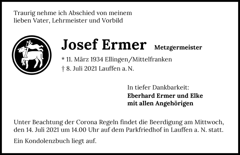  Traueranzeige für Josef Ermer vom 12.07.2021 aus GESAMT