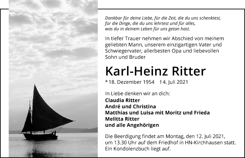  Traueranzeige für Karl-Heinz Ritter vom 08.07.2021 aus GESAMT