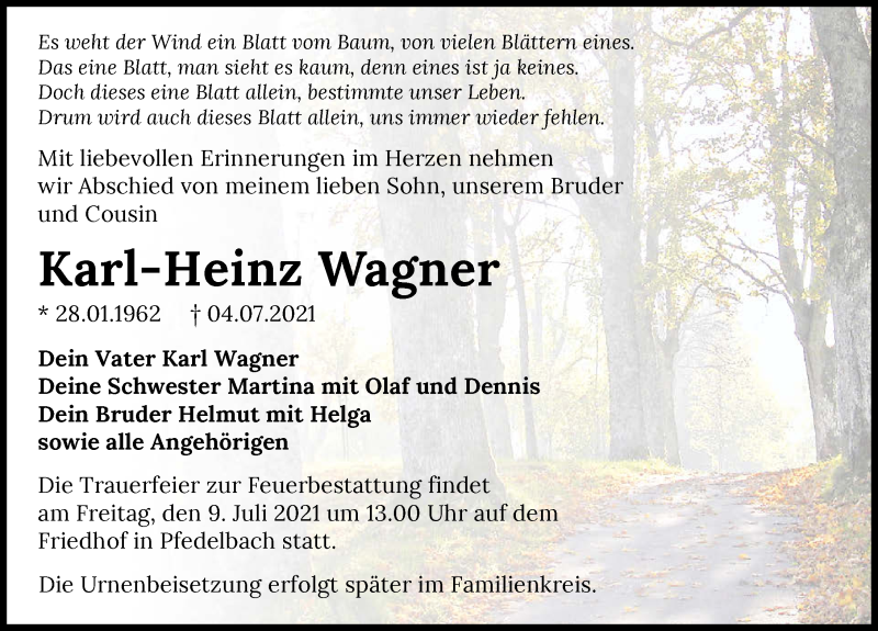  Traueranzeige für Karl-Heinz Wagner vom 07.07.2021 aus GESAMT