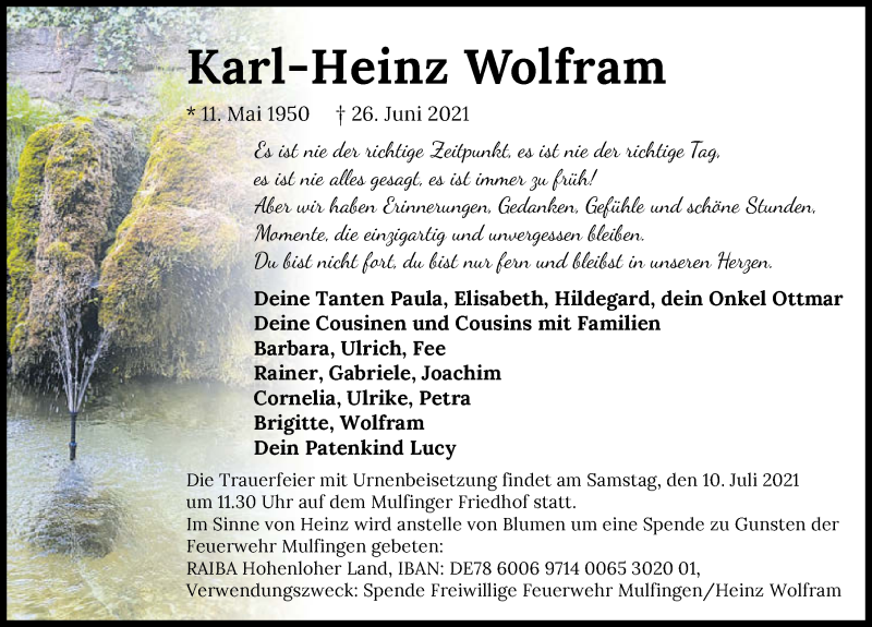  Traueranzeige für Karl-Heinz Wolfram vom 03.07.2021 aus GESAMT