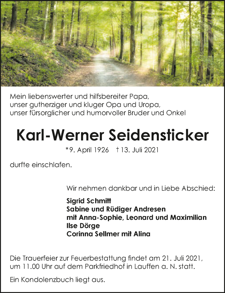  Traueranzeige für Karl-Werner Seidensticker vom 17.07.2021 aus GESAMT