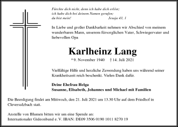 Traueranzeige von Karlheinz Lang von GESAMT