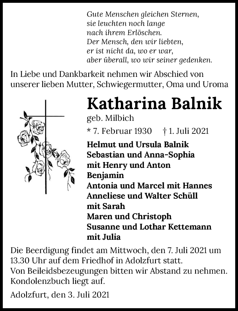  Traueranzeige für Katharina Balnik vom 03.07.2021 aus GESAMT