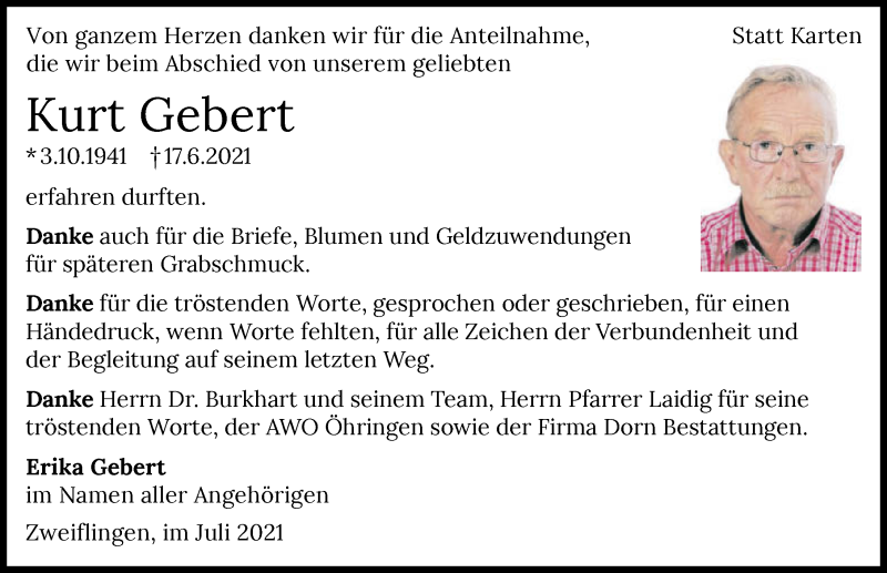  Traueranzeige für Kurt Gebert vom 16.07.2021 aus GESAMT