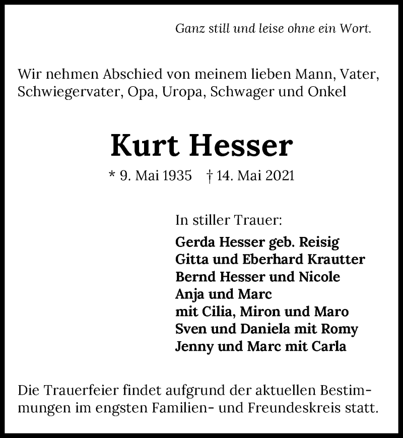  Traueranzeige für Kurt Hesser vom 22.05.2021 aus GESAMT