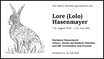 Traueranzeige von Lore Hasenmayer von GESAMT