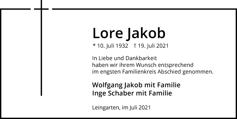  Traueranzeige für Lore Jakob vom 31.07.2021 aus GESAMT