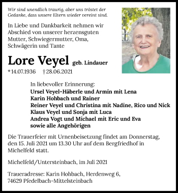 Traueranzeige von Lore Veyel von GESAMT