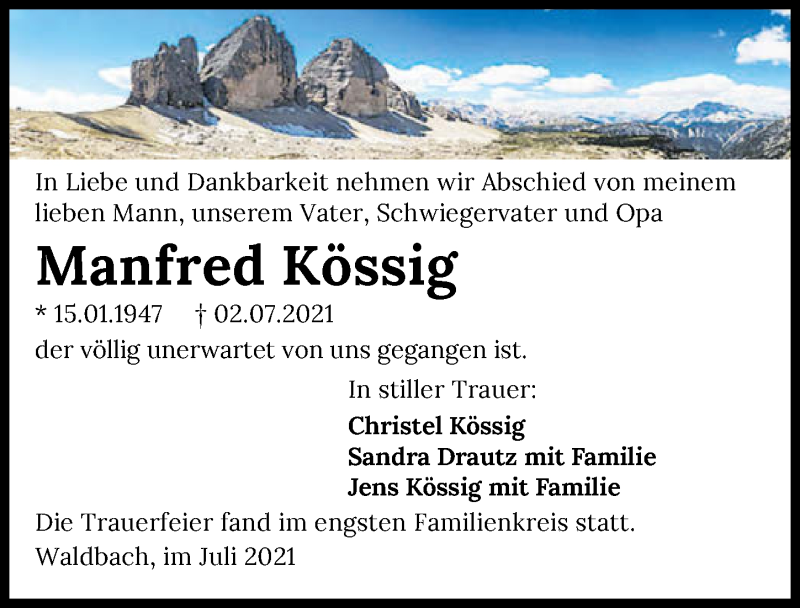 Traueranzeige für Manfred Kössig vom 12.07.2021 aus GESAMT