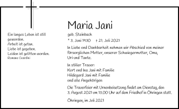 Traueranzeige von Maria Jani von GESAMT