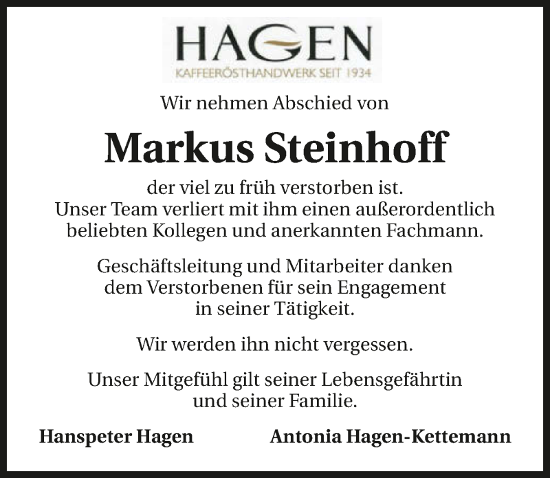  Traueranzeige für Markus Steinhoff vom 28.07.2021 aus GESAMT