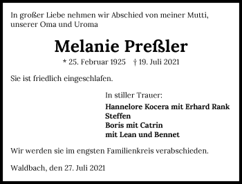 Traueranzeige von Melanie Preßler von GESAMT