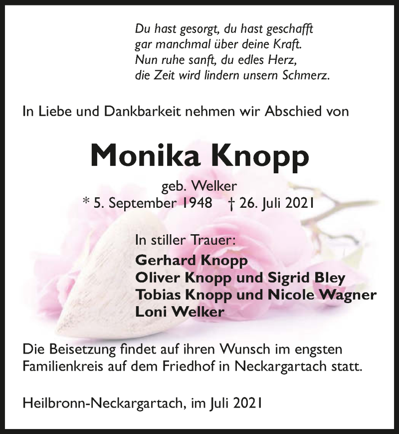  Traueranzeige für Monika Knopp vom 31.07.2021 aus GESAMT