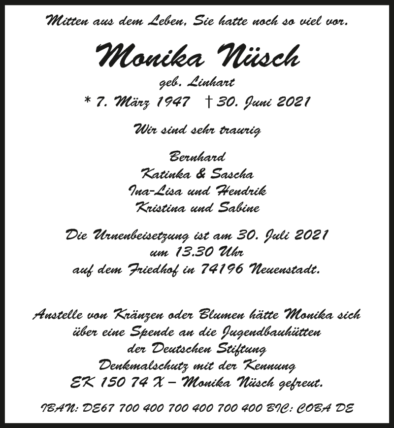 Traueranzeige für Monika Nüsch vom 28.07.2021 aus GESAMT