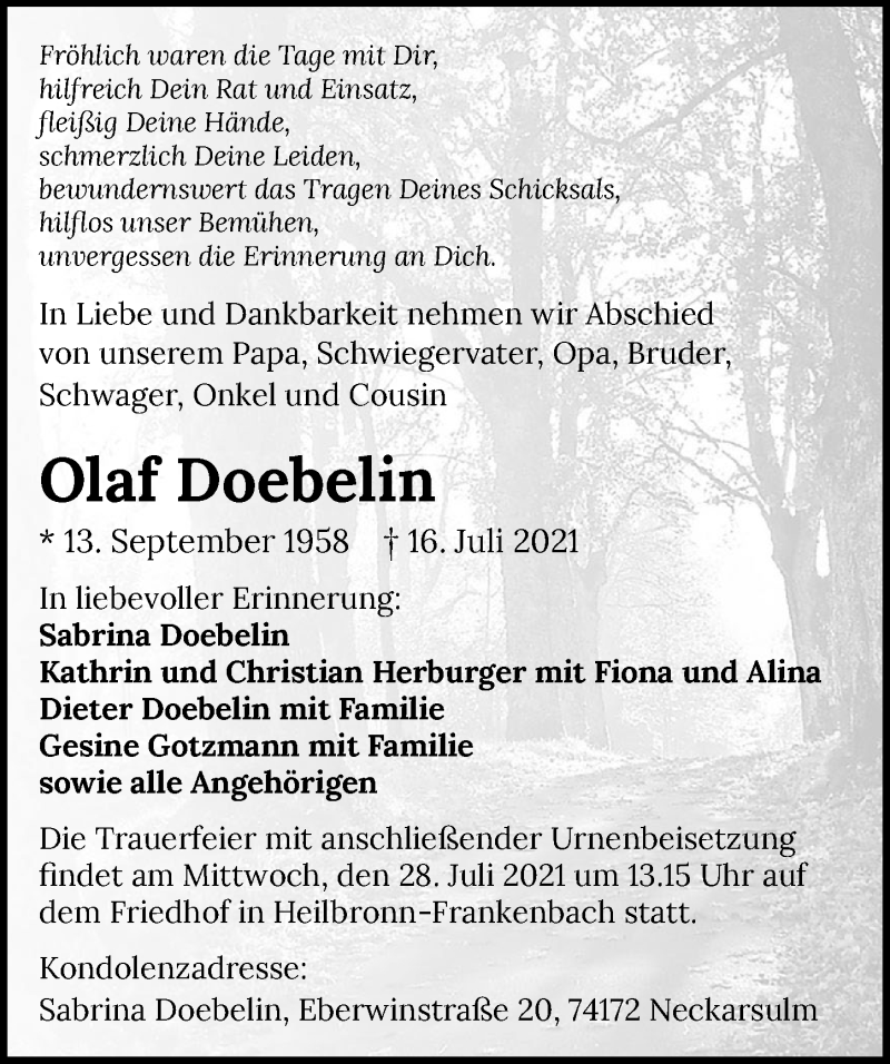  Traueranzeige für Olaf Doebelin vom 22.07.2021 aus GESAMT