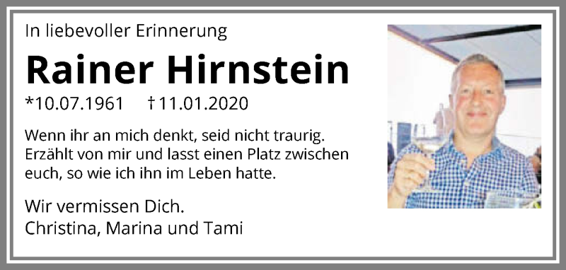  Traueranzeige für Rainer Hirnstein vom 10.07.2021 aus GESAMT