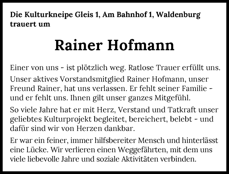  Traueranzeige für Rainer Hofmann vom 06.07.2021 aus GESAMT
